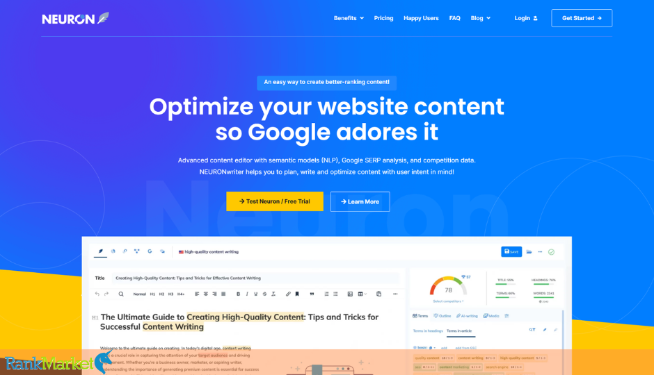 NeuronWriter dashboard showing content optimization interface