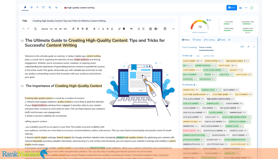 NeuronWriter long-form content editor with NLP scoring
